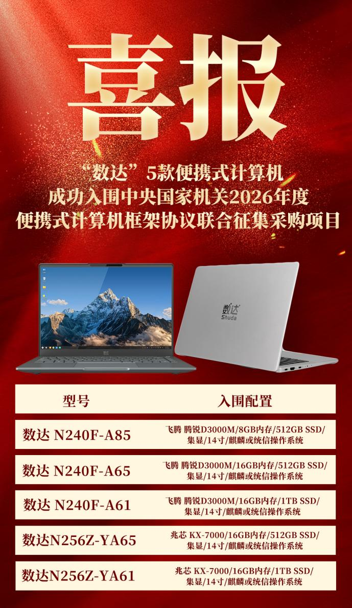 企业动态｜再创佳绩！“数达”便携式计算机入选中央国家机关2026年度联合征集采购项目